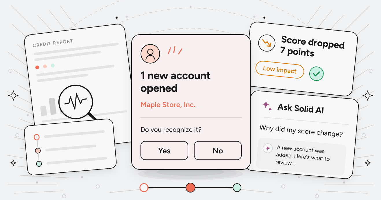 Solid Credit alert cards: a new account from Maple Store asking whether you recognize it, a credit report under a magnifier, a seven-point score drop marked low impact, and Ask Solid answering why the score changed