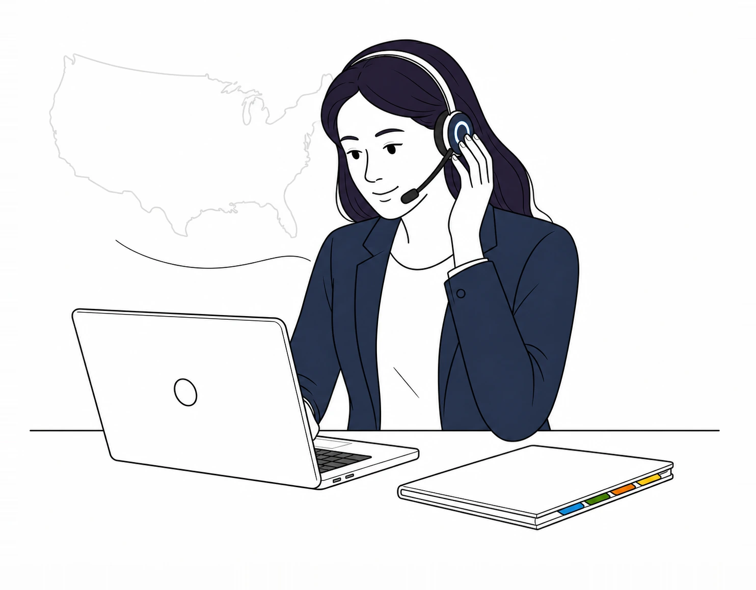 A restoration specialist in a navy blazer and headset sits at her open laptop, one hand resting on her earpiece as she listens, a closed laptop marked with small colored tabs on the desk beside her, and a large faint outline of the United States drawn behind her